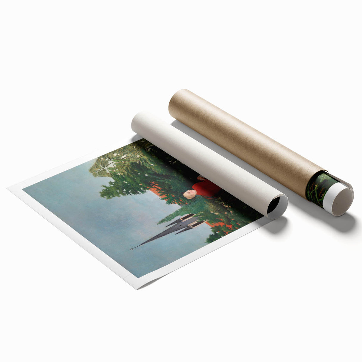 Modern Wall Art: Serene Portrait of Woman in Red with Verdant Landscape