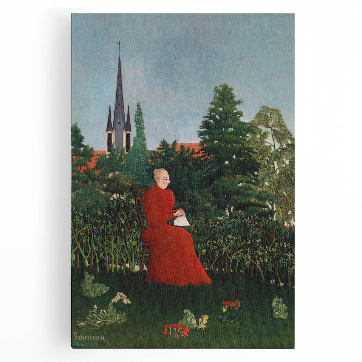 Modern Wall Art: Serene Portrait of Woman in Red with Verdant Landscape