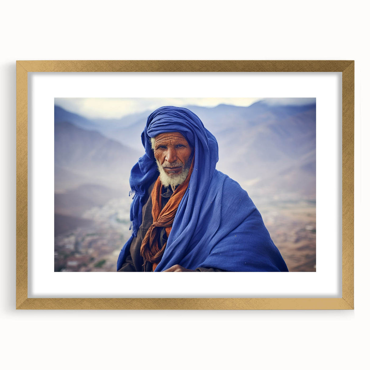 Textured abstract art print depicting a serene Mali landscape in earth tones, framed in gold, suitable for bedroom decor.