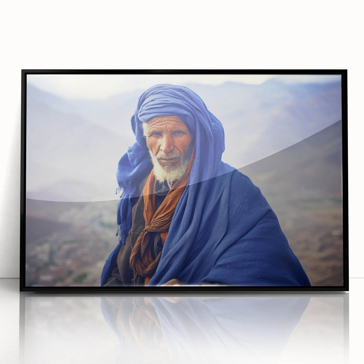 Large abstract wall art depicting a Mali scenery in muted earth tones, framed in black acrylic.