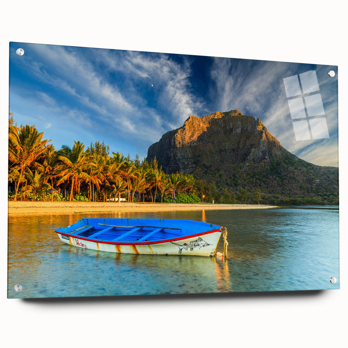 Acrylic print of a Mauritian landscape with vivid blue and green hues, ideal for dining room decor.