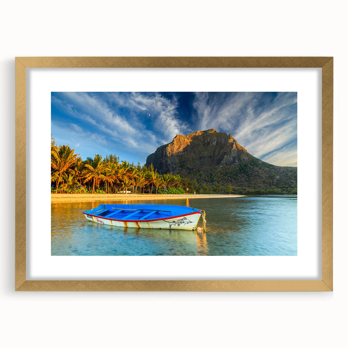 Textured abstract art print depicting a serene Mauritius landscape in earthy tones on a framed canvas.