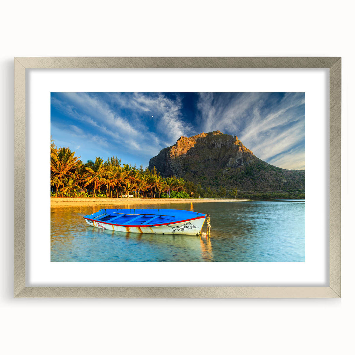 Abstract art print featuring a silver-framed Mauritius scenery, ideal for dining room decor.