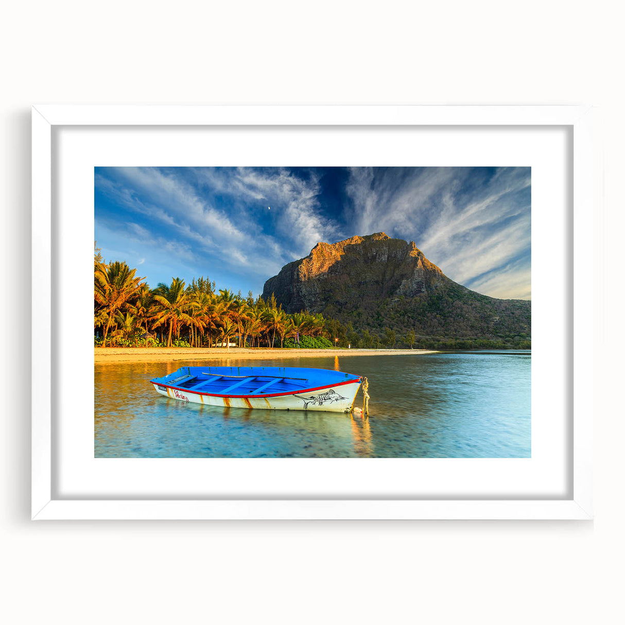 Extra large abstract art print of a textured Mauritian landscape in muted earth tones, framed in white.