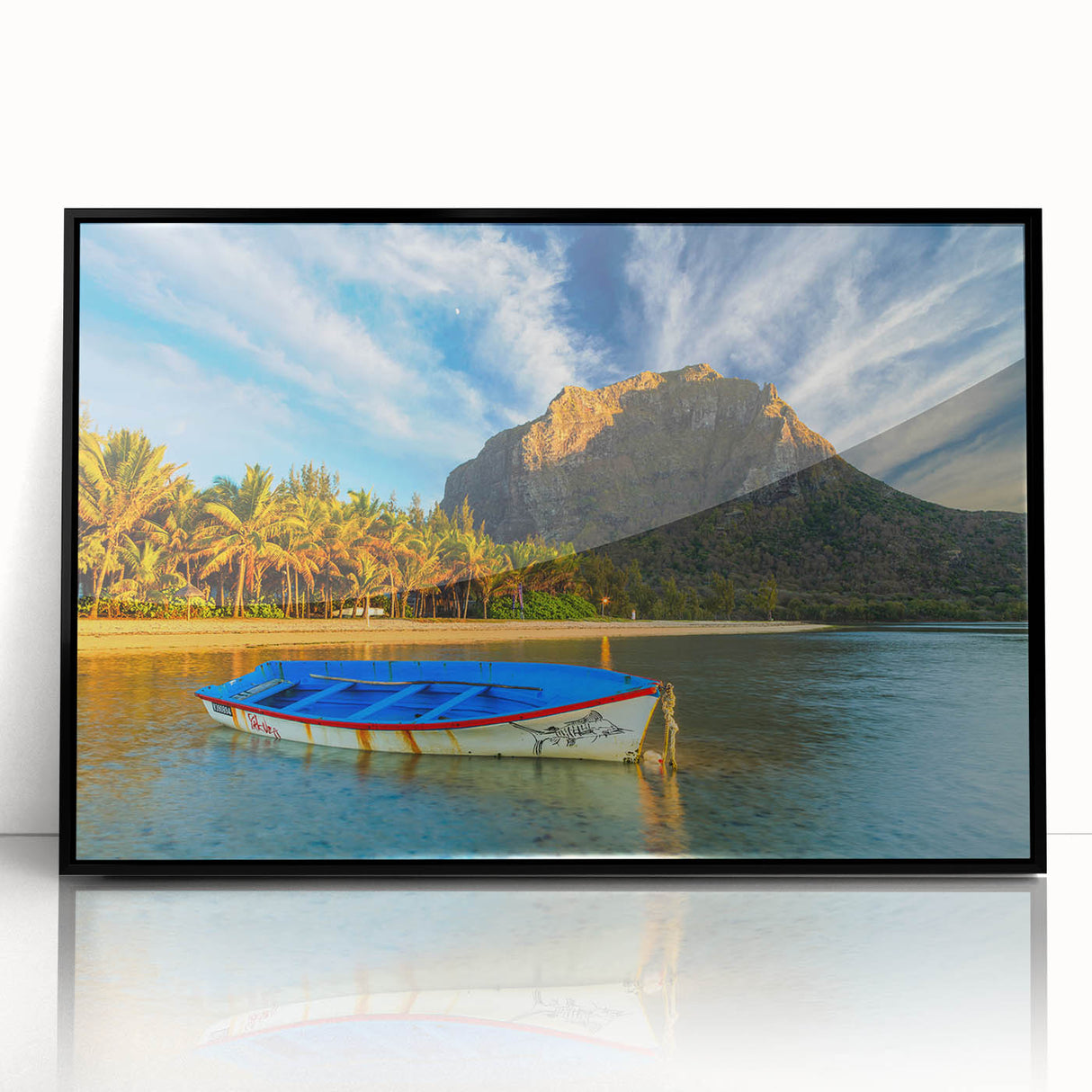 Large abstract wall art of a Mauritius scenery in black and white tones on a framed acrylic.