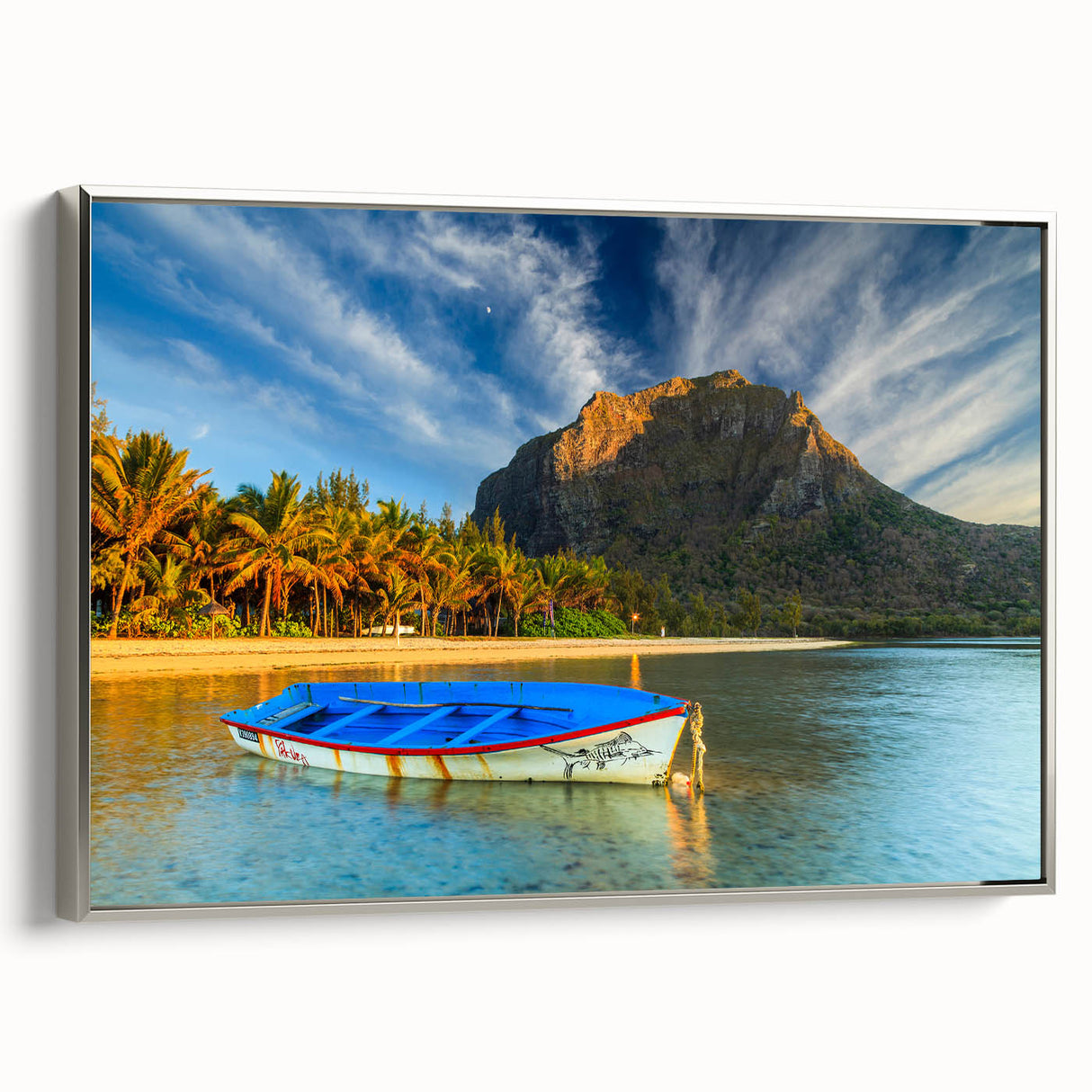 Vintage poster art of a Mauritian landscape on a large framed canvas, featuring vibrant colors against a black background.