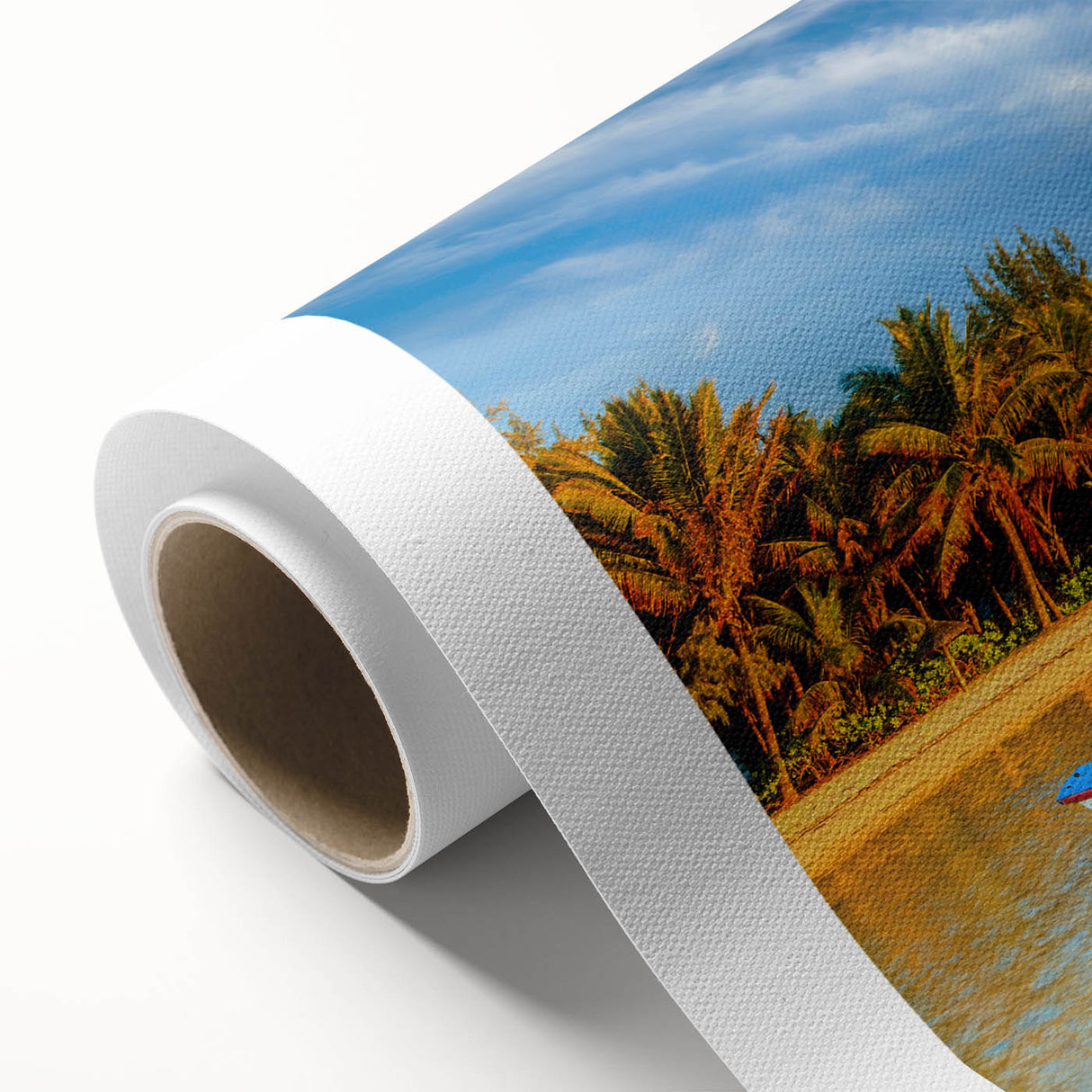 Art Deco-style poster depicting a serene Mauritius landscape on rolled canvas.