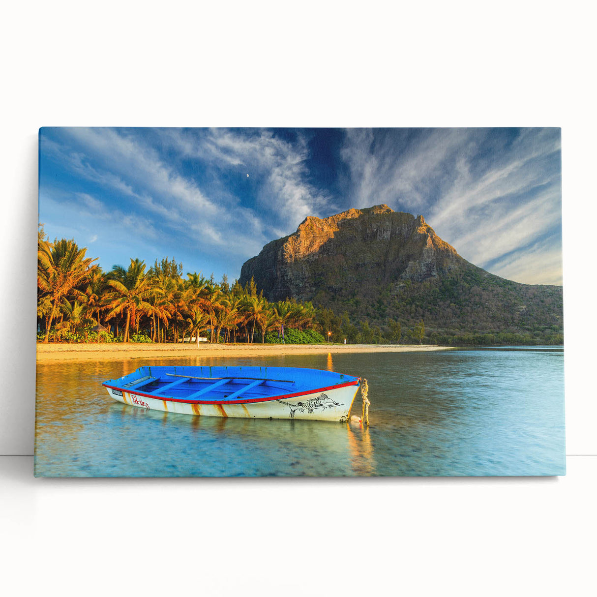 Black and white photo of a serene Mauritius beach on large stretched canvas, ideal for kitchen wall art or bedroom ambiance.