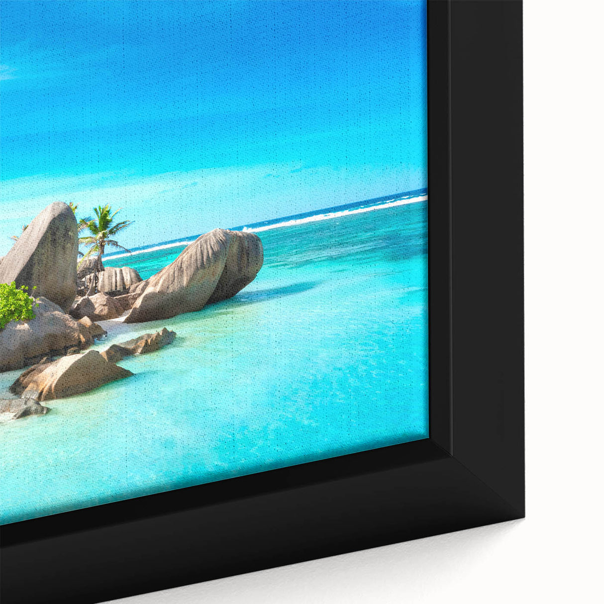 Extra large framed canvas featuring a textured depiction of the Seychelles with vibrant colors, ideal for living room decor.