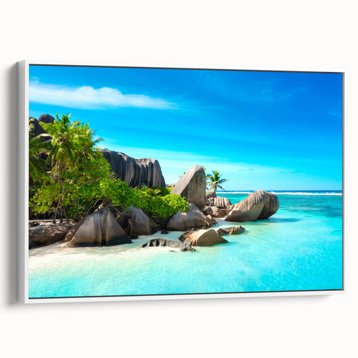 Vintage poster art of Seychelles scenery on framed canvas, featuring vibrant colors, ideal for living room decor.