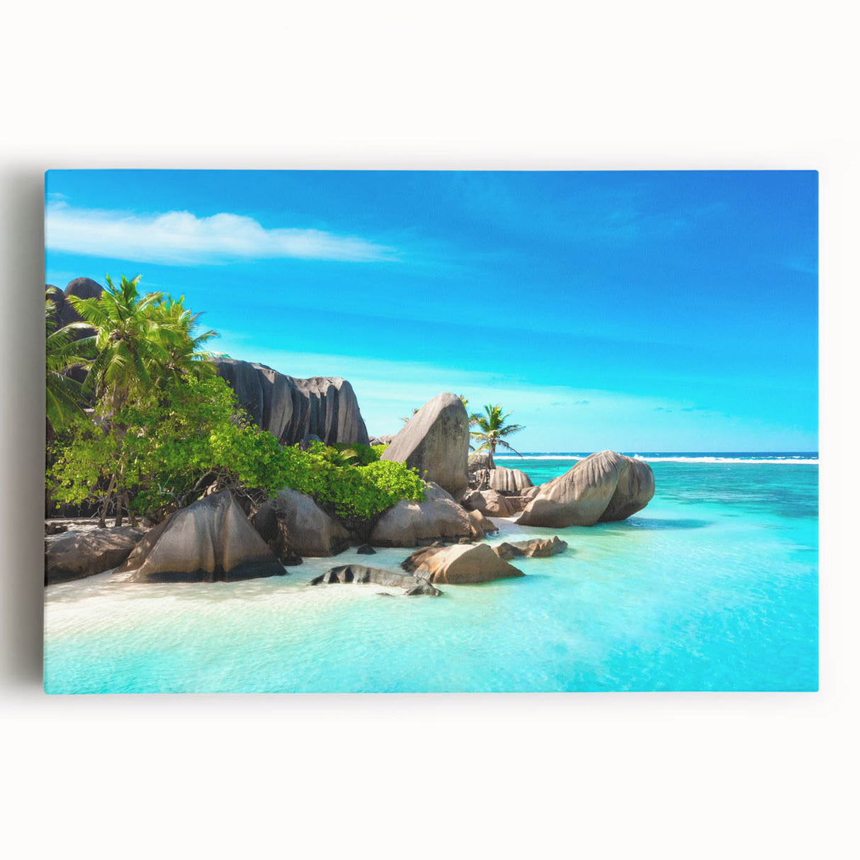 Black and white stretched canvas of Seychelles scenery, ideal for kitchen wall art or bedroom ambiance.