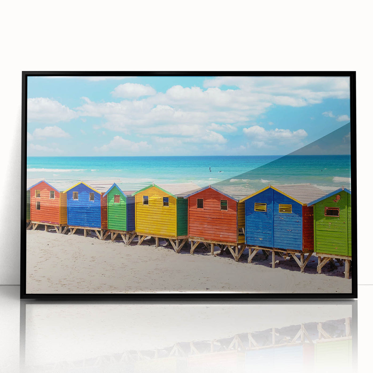 Large abstract wall art featuring a stylized African scenery in a black acrylic frame, in mid-century modernist style.