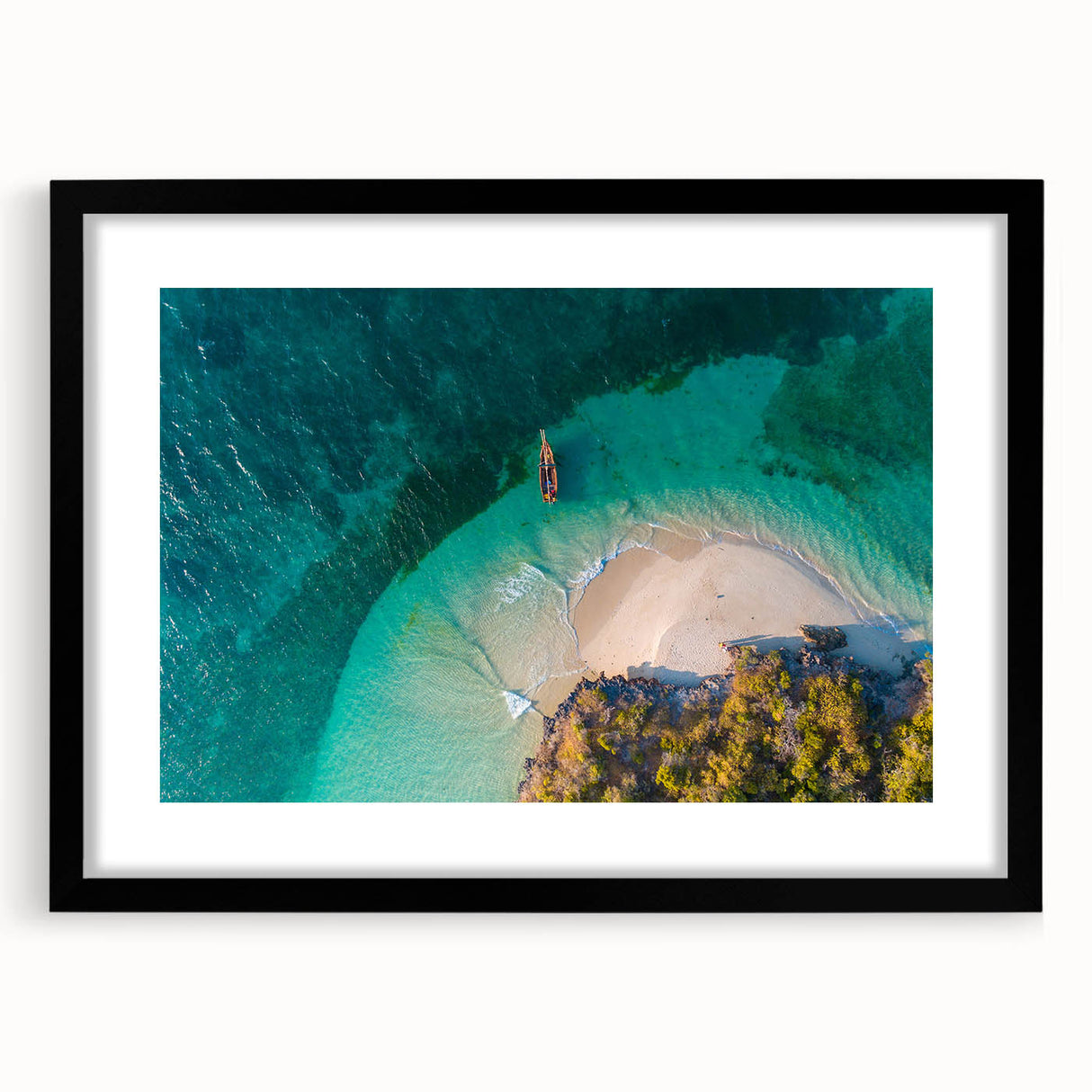 Extra large colorful abstract art print of African scenery on textured canvas, framed in black, ideal for living room decor.