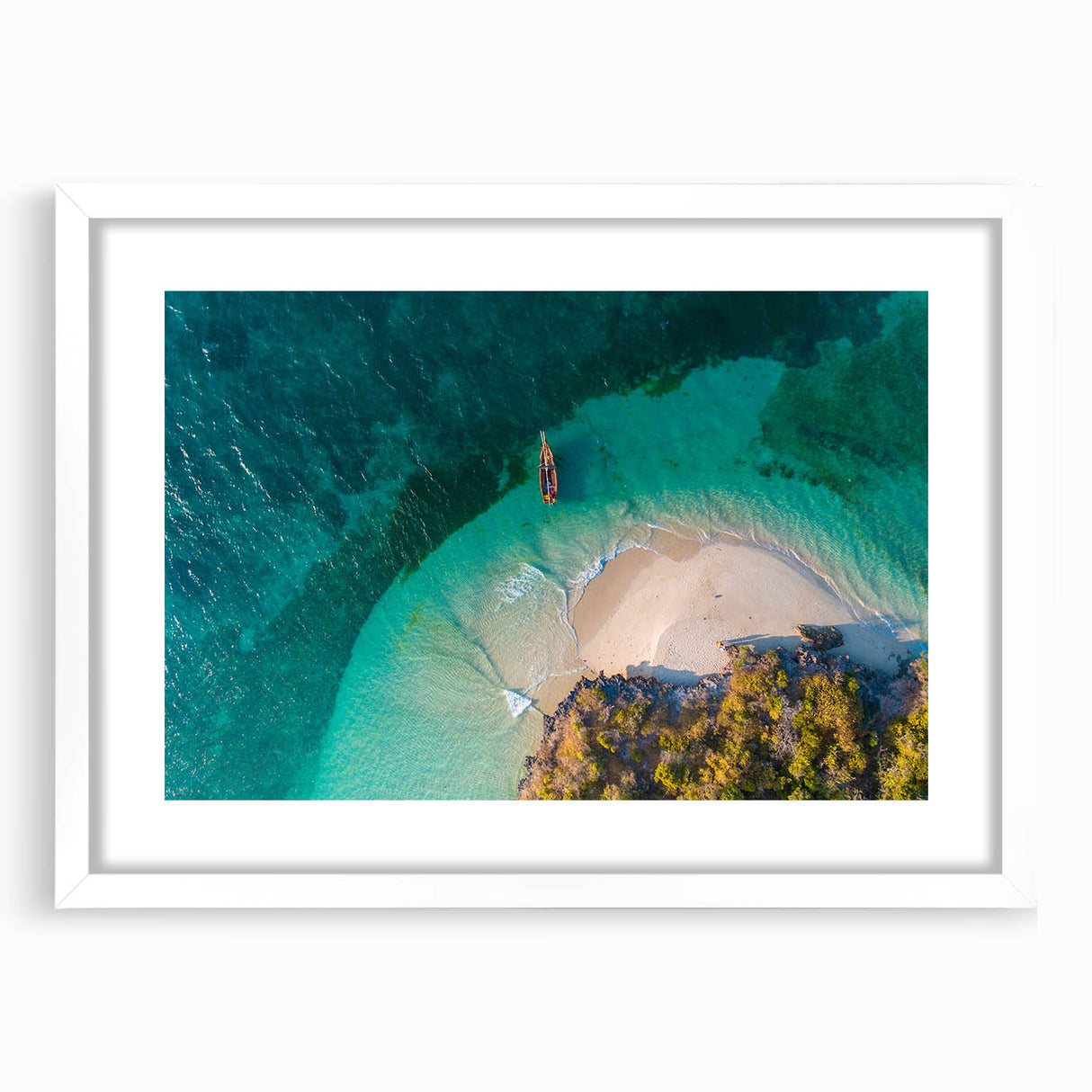 Abstract art print of Tanzanian scenery in muted earth tones on a framed white mat, ideal for dining room decor.