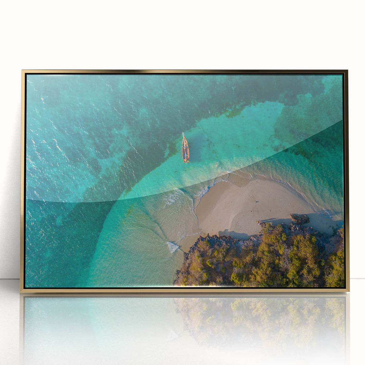 Acrylic print of a Tanzanian landscape with muted earth tones, framed in gold, suitable for modern art wall decor.