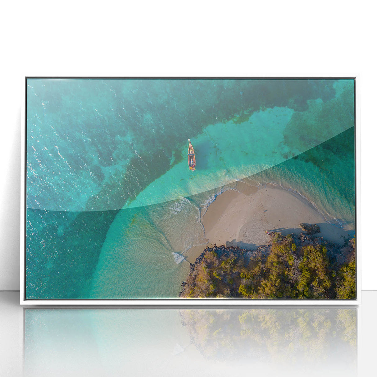 Mid-century modernist art depicting an African savannah scene in muted earth tones on a framed acrylic.