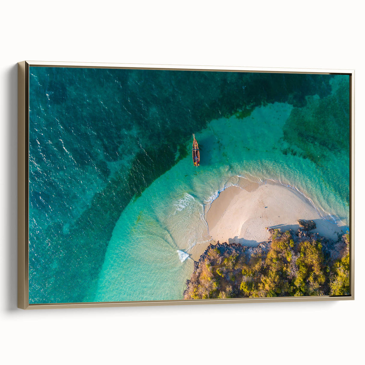 Framed canvas depicting a serene Tanzanian landscape in muted earth tones, ideal for bedroom wall art.