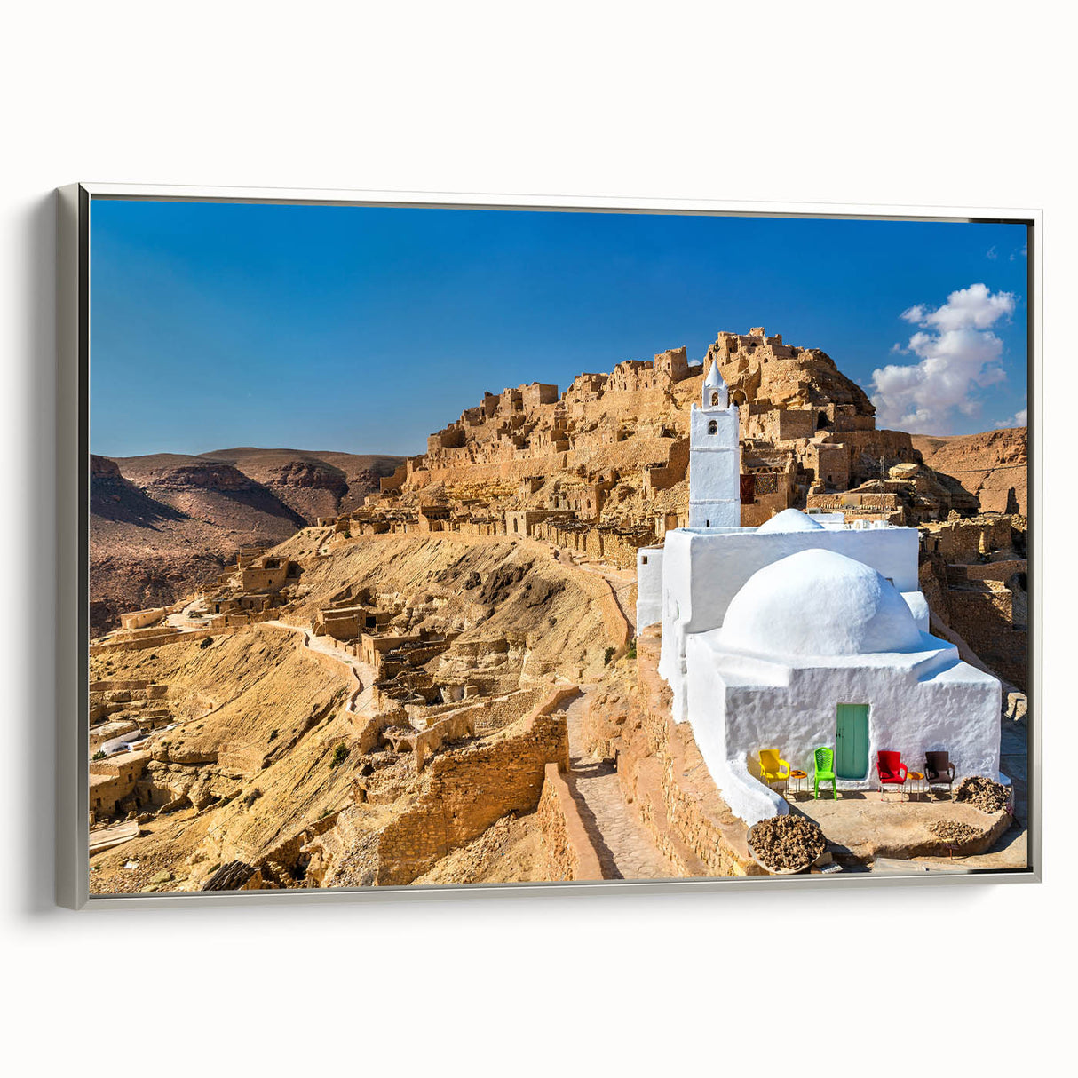 Framed canvas landscape art painting of a Tunisian scenery in vibrant colors, ideal for living room decor.