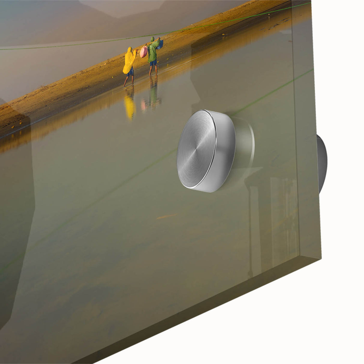 Large abstract wall art depicting a mid-century modernist Bangladesh scenery in vibrant colors on acrylic glass.