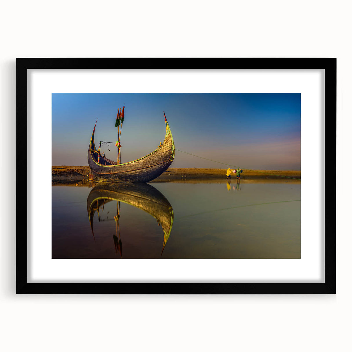 Extra large abstract art print with vibrant, textured colors depicting an Asian scenery, framed in black.