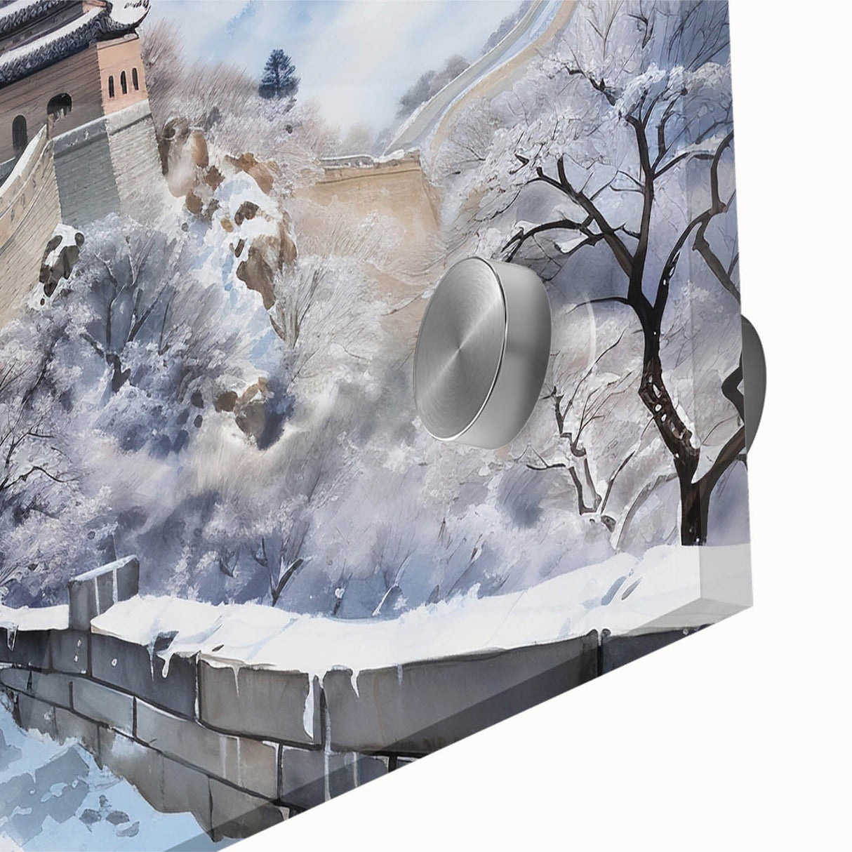 Large abstract depiction of the Great Wall of China in muted earth tones on acrylic glass, suitable for dining room art.