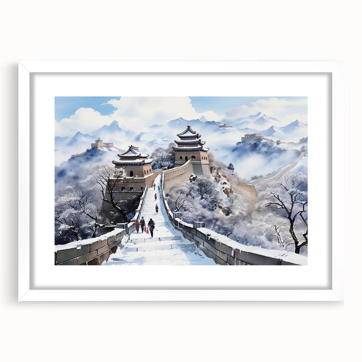 Abstract art print of the Great Wall of China in muted earth tones on a white framed canvas, ideal for dining room decor.
