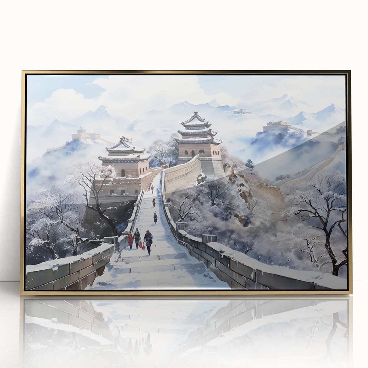 Acrylic print of the Great Wall of China in muted earth tones, framed in gold, suitable for modern art wall decor.