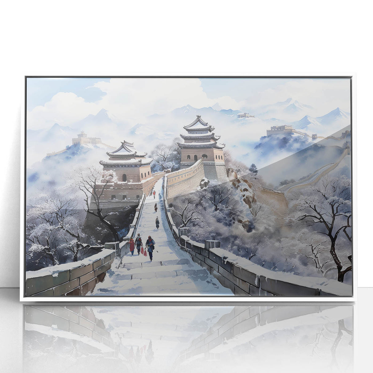 Acrylic print of the Great Wall of China in muted earth tones, framed in white, suitable for modern art wall decor.