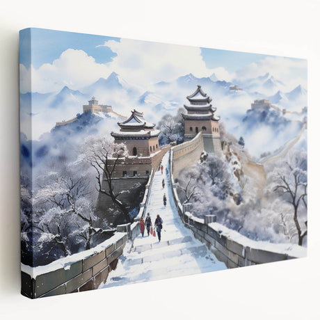 Side view of a large canvas depicting the Great Wall of China in muted earth tones, ideal for kitchen wall art.