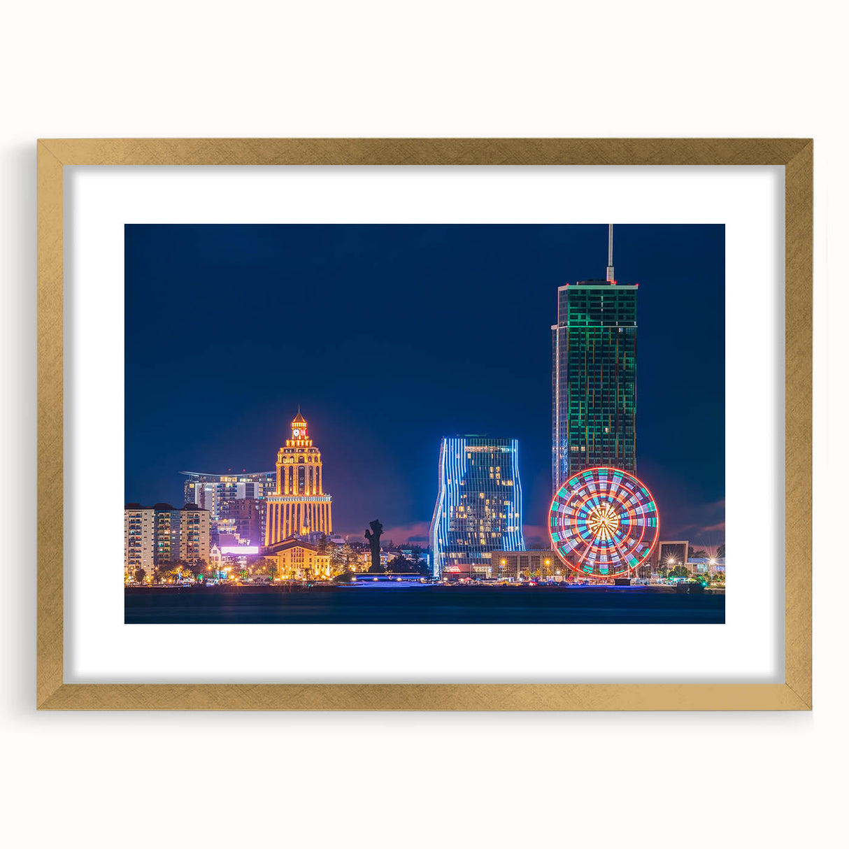 Extra large abstract art print featuring textured scenery of Asia, in muted gold and earth tones, framed with a gold mat.