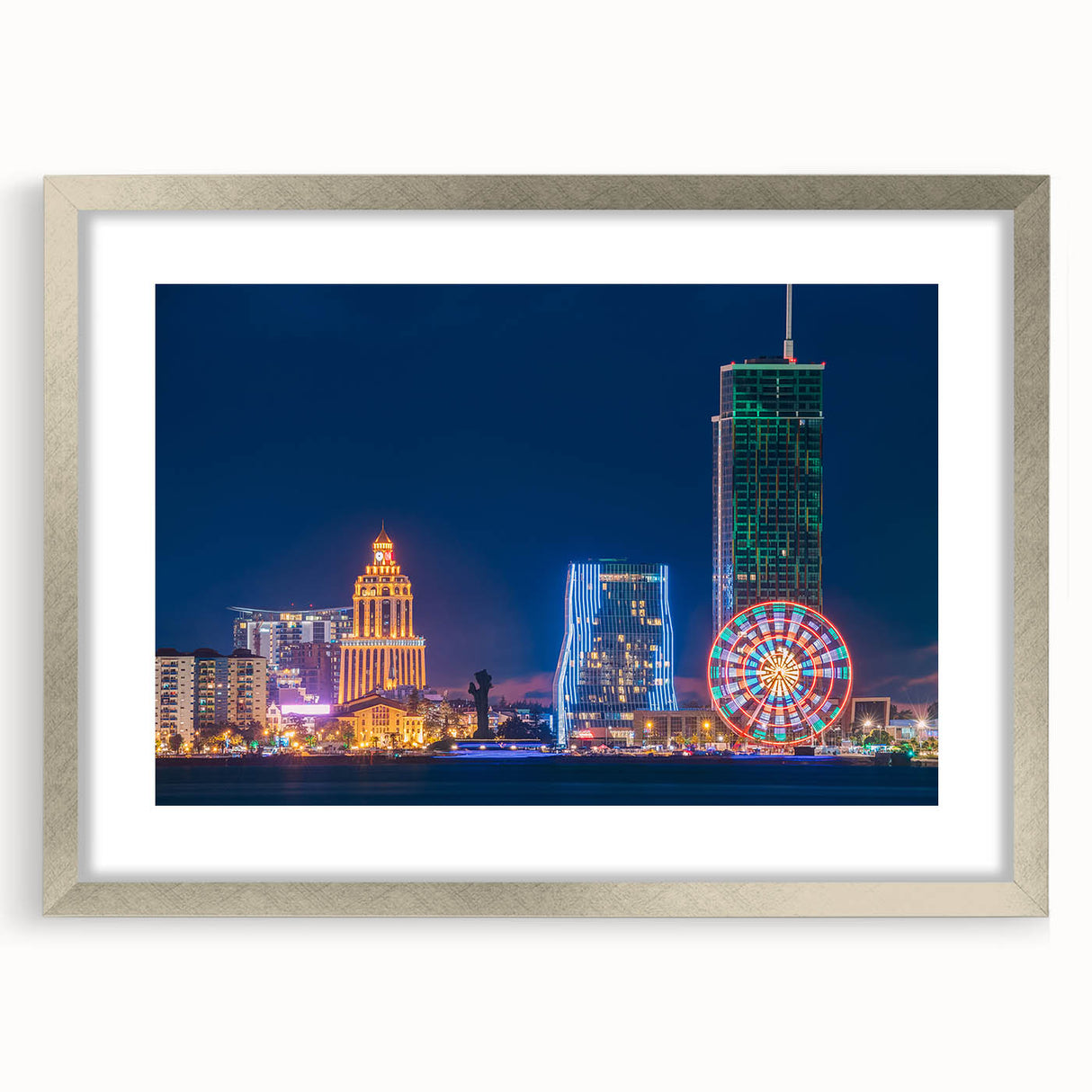 Textured abstract art print depicting a serene Georgian landscape in muted earth tones, framed in silver.