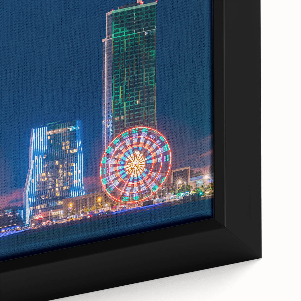 Extra large framed canvas featuring a textured, colorful Asian landscape in predominately black tones.