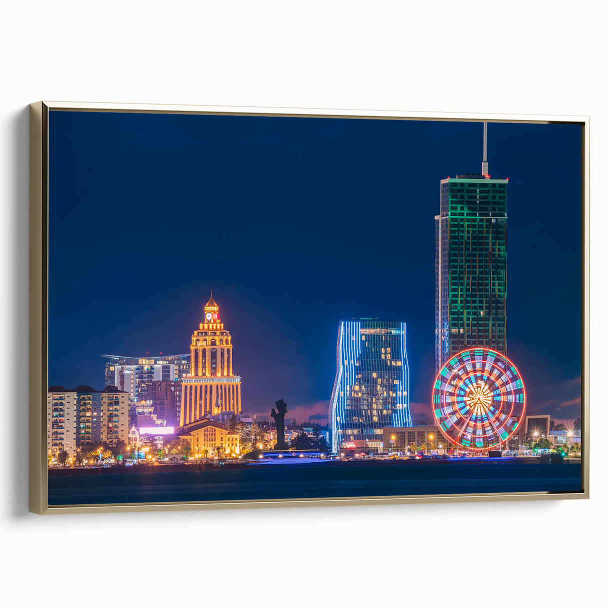 Framed canvas depicting a vintage-style landscape of Georgia, Asia in muted gold and black tones, ideal for bedroom wall art.