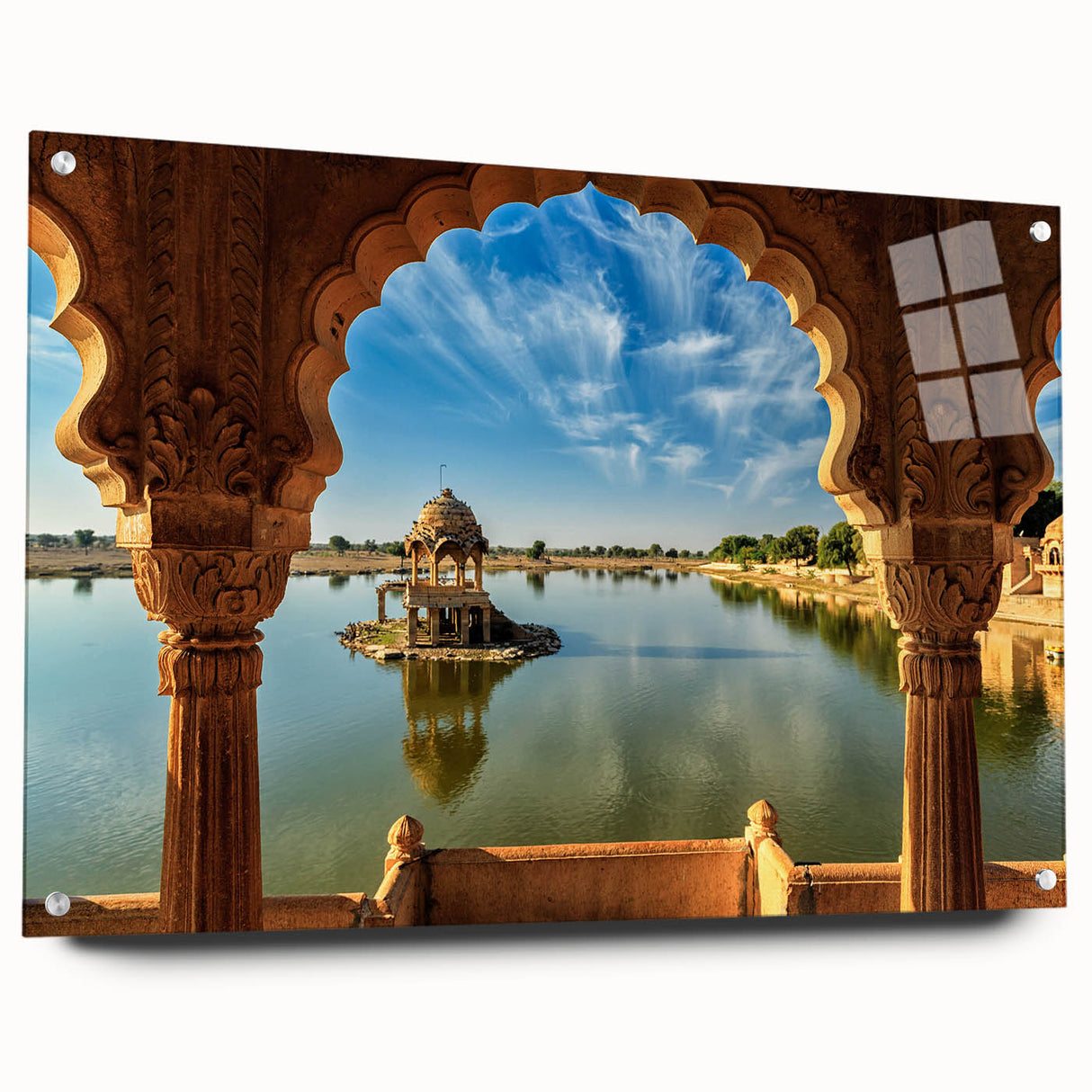 Large abstract wall art depicting an Indian scenery in vibrant colors on acrylic glass, ideal for dining room decor.