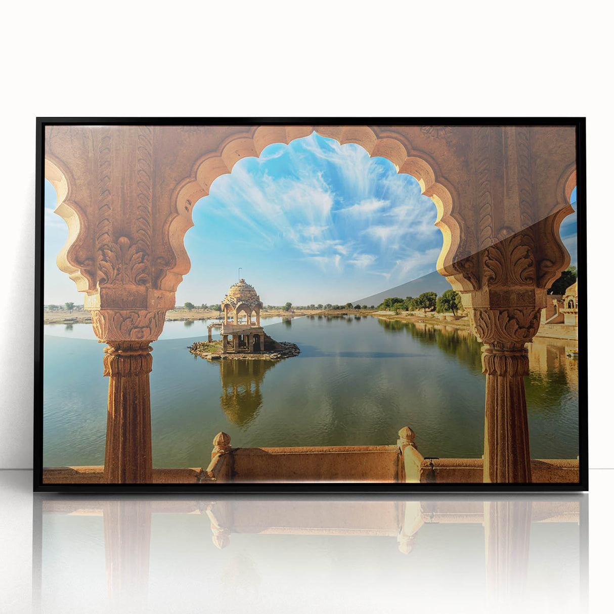 Large abstract wall art depicting an Indian scenery in black and white tones, framed acrylic.