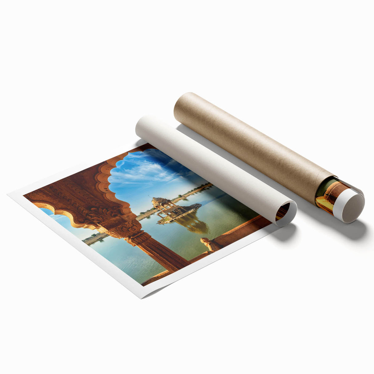 Extra large rolled print of a serene Indian landscape with vibrant floral elements, ideal for classy bathroom wall art.