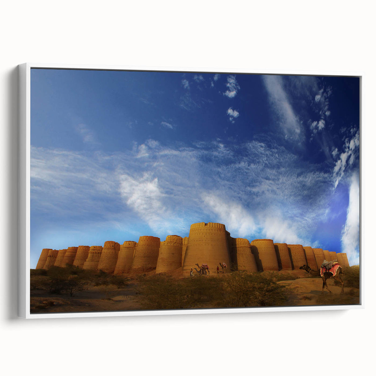 Vintage poster art of a Pakistani landscape in colorful tones on a framed canvas, ideal for living room decor.
