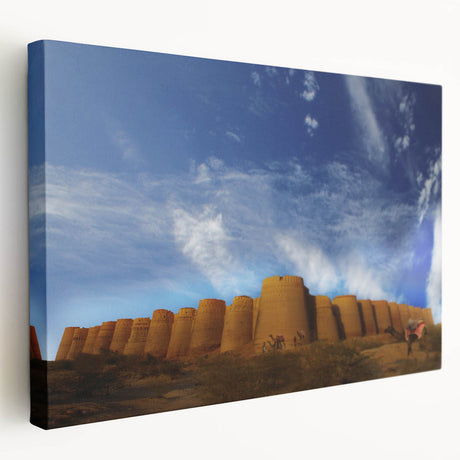 A panoramic canvas print depicting a serene Pakistani landscape in soft earth tones, suitable for kitchen wall art.