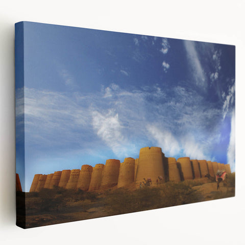 A panoramic canvas print depicting a serene Pakistani landscape in soft earth tones, suitable for kitchen wall art.