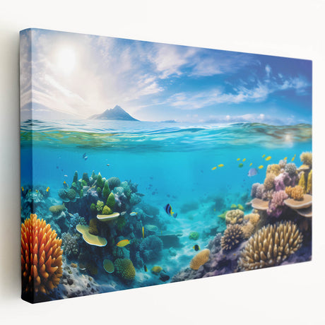 Vivid blue and green hues depict the Great Barrier Reef on stretched canvas, suitable for kitchen wall art.