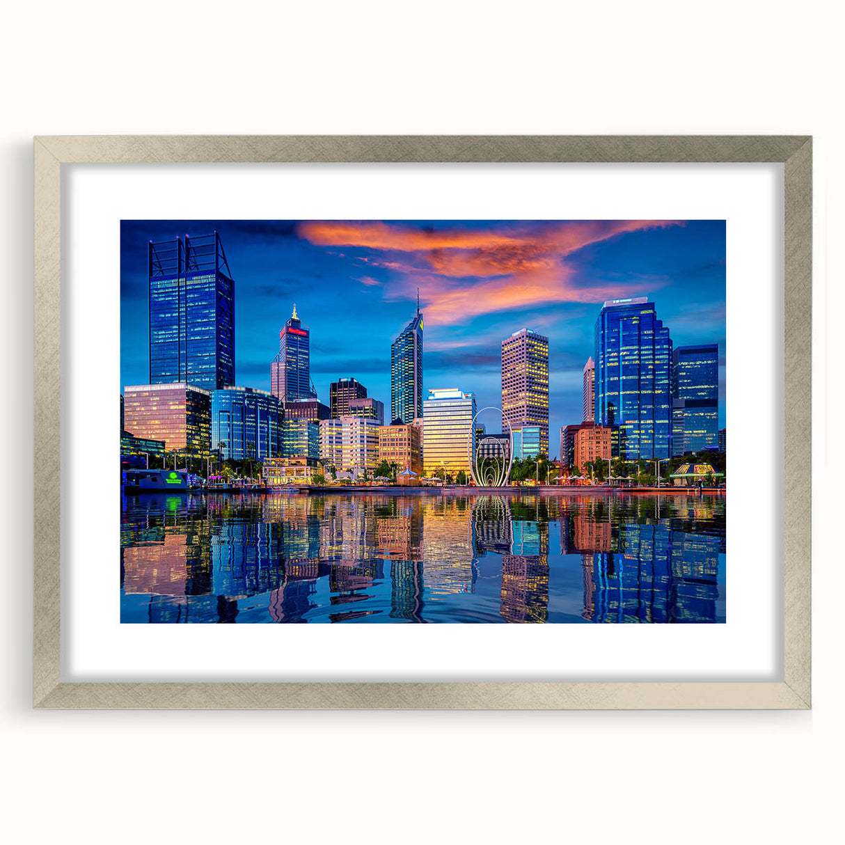 Abstract art print of Perth skyline in muted gray and blue tones on a framed silver mat, ideal for dining room decor.