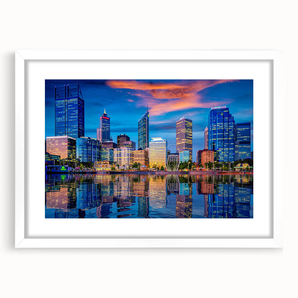 Extra large wall art featuring an abstract textured print of Perth scenery in muted earth tones, framed in white.