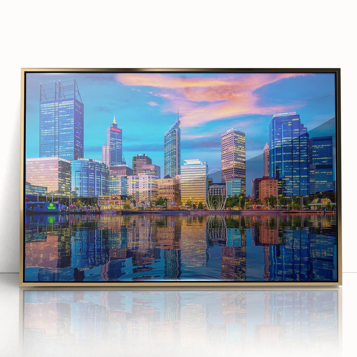 Mid-century modernist art depicting the Perth skyline in muted gold and blue tones on a framed acrylic print.