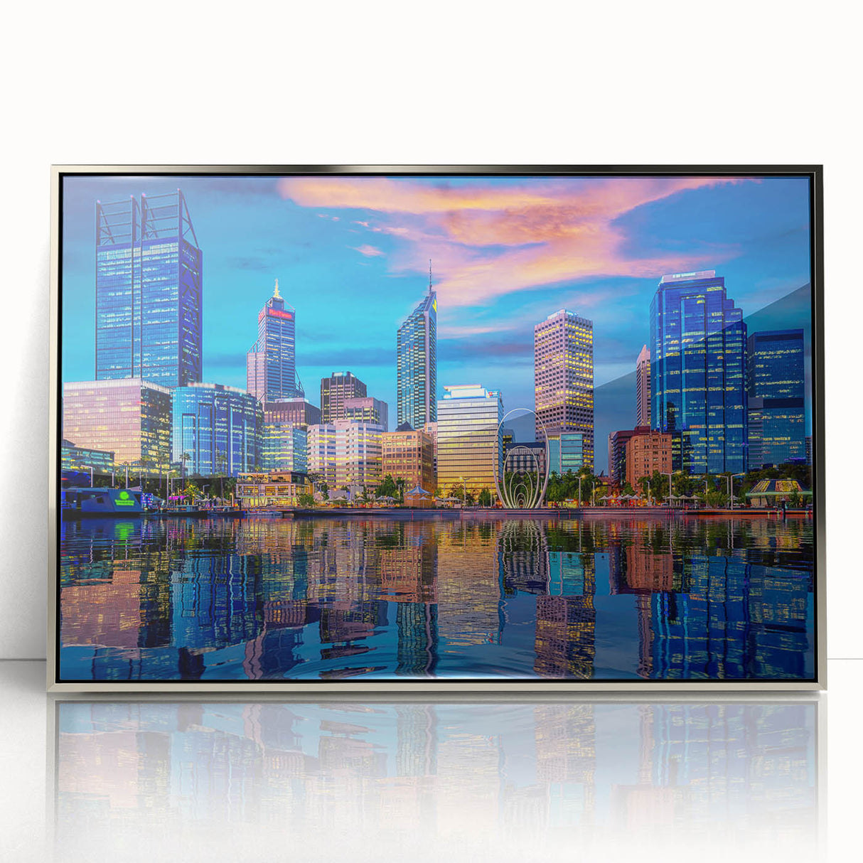 Silver-framed acrylic print of Perth, Australia skyline with muted blue and gray tones, suitable for modern art wall decor.