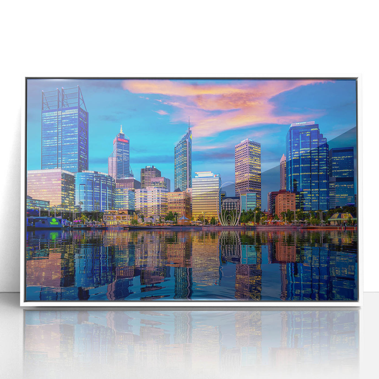 Framed acrylic print of Perth, Australia skyline in muted earth tones, ideal for modern art wall decor.