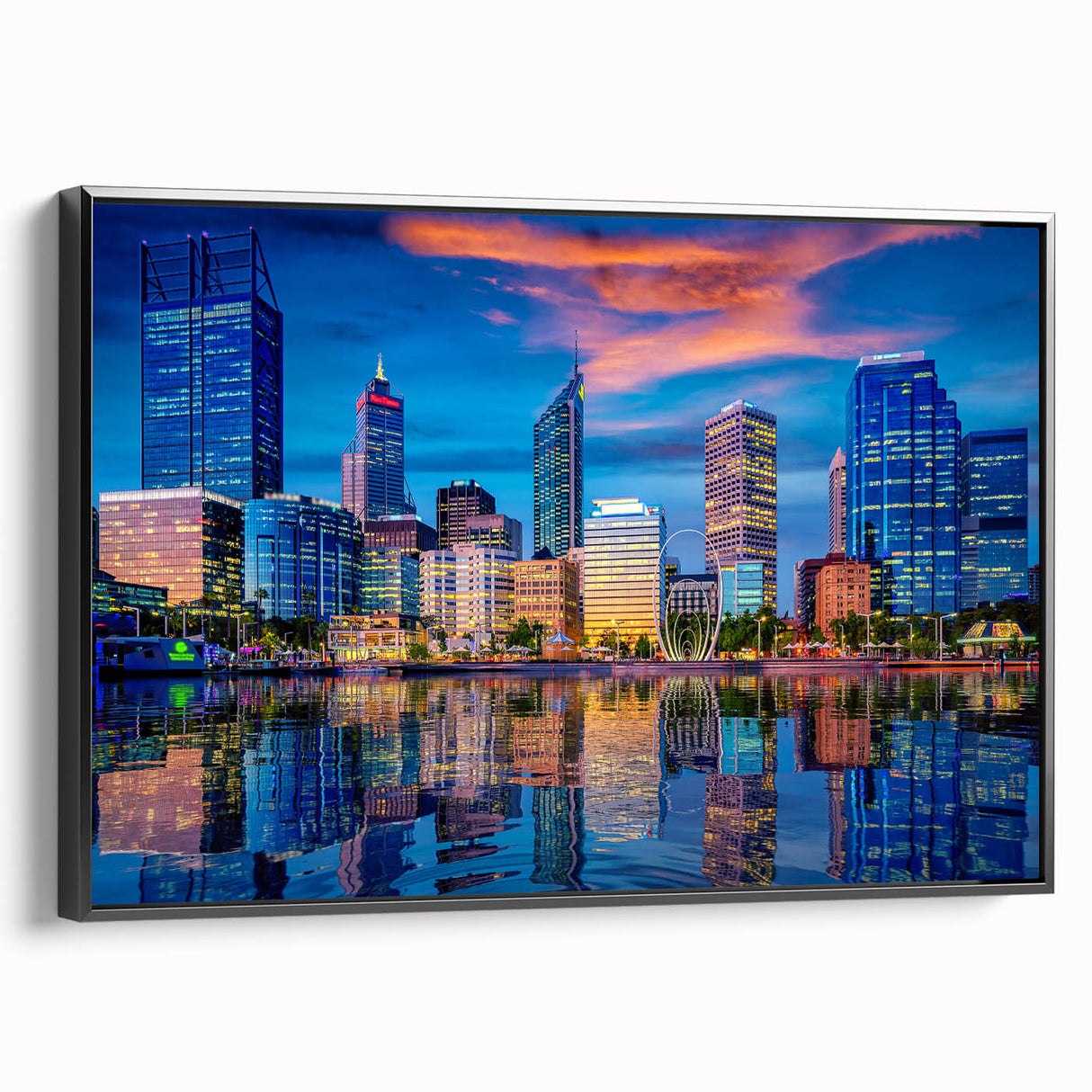 Black and white framed canvas of Perth landscape, ideal for bedroom wall art.