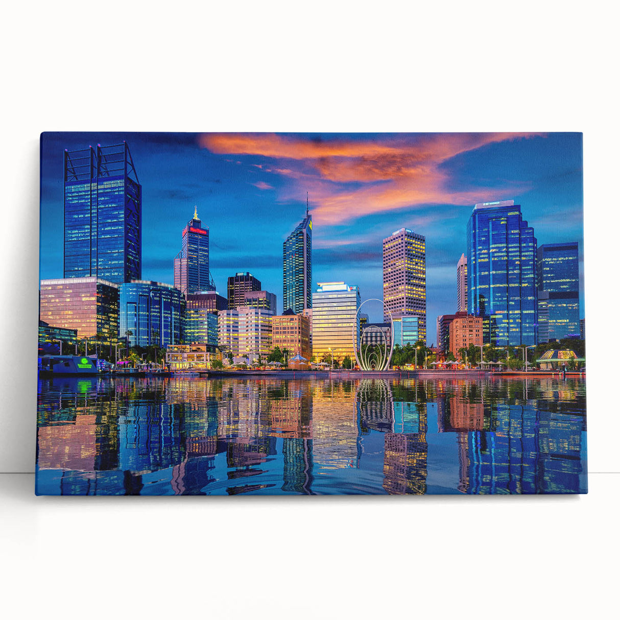 Black and white photo of Perth skyline on large stretched canvas, ideal for kitchen wall art or bedroom decor.