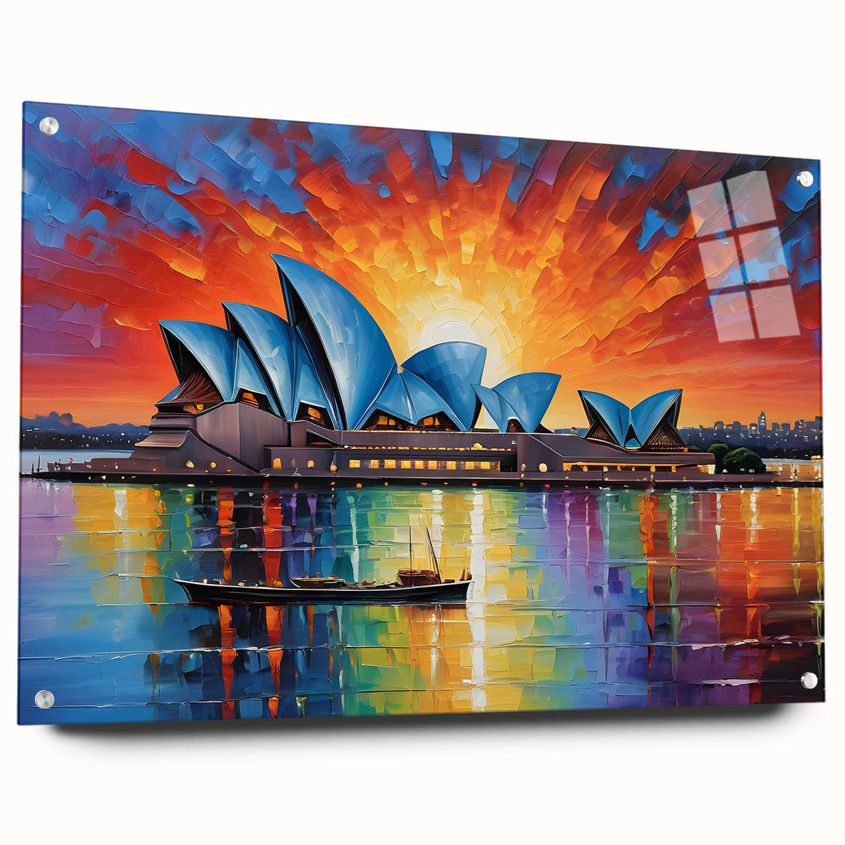 Acrylic glass print of Sydney skyline in muted blue and gray tones, suitable for bedroom or dining room decor.
