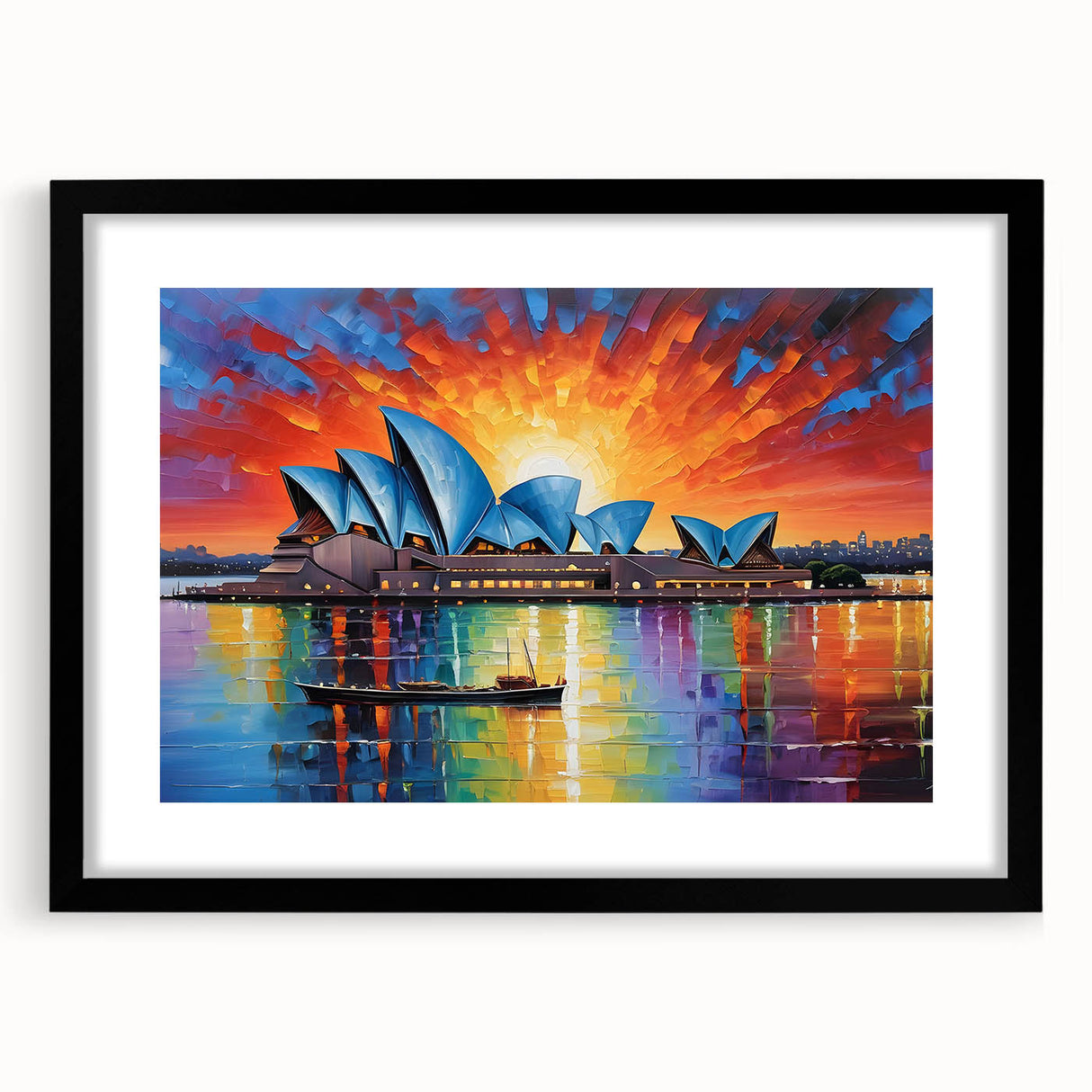 Extra large abstract art print of Sydney scenery in vibrant colors on textured canvas, ideal for living room decor.