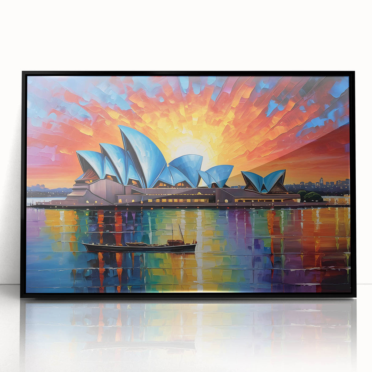 Large abstract wall art depicting Sydney scenery in mid-century modernist style, acrylic on black framed canvas.